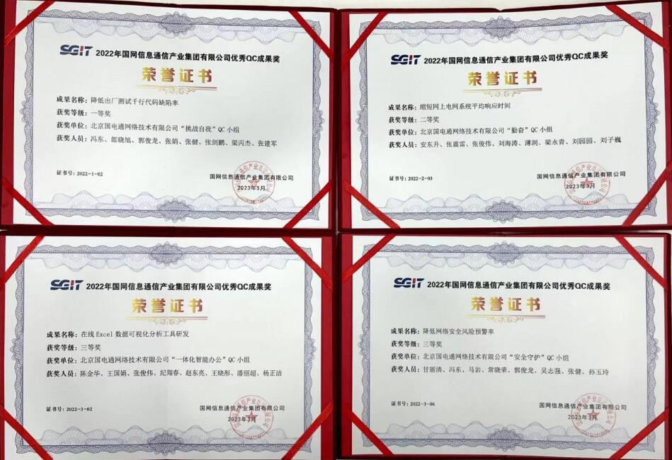 信產(chǎn)國(guó)電通四項(xiàng)QC成果分獲國(guó)網(wǎng)信通產(chǎn)業(yè)集團(tuán)2022年優(yōu)秀QC小組成果一、二、三等獎(jiǎng)